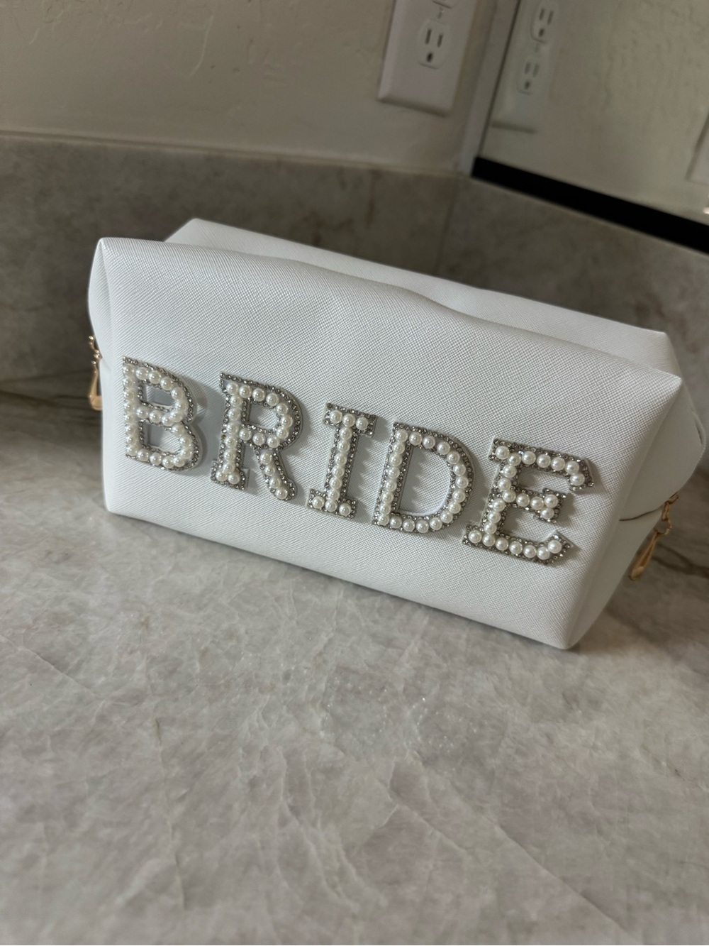 BRIDE Pearl-Embellished White Makeup Bag